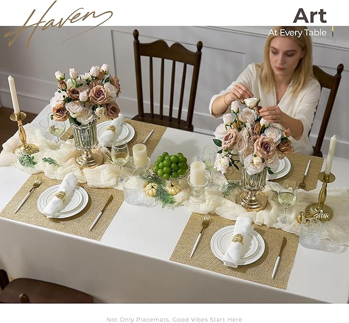 Leetaltree Gold Placemats Set of 4 - Heat Resistant Non-Slip Place mats for Dining Table, Washable Durable PVC Vinyl Woven Table Mats(Luxury Gold, 4)