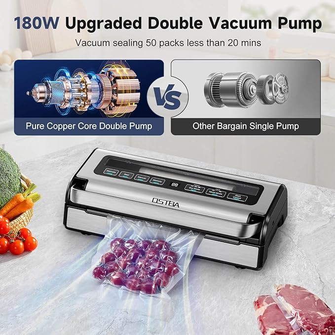 OSTBA 180W Vacuum Sealer Machine, 12-in-1 Double Pump Food Saver with Built-in Cutter & Bag Storage, Easy-Lock Handle, Dry & Moist & Marinate, Memory Function, Includes 1 Roll of Vacuum Bags & Hose