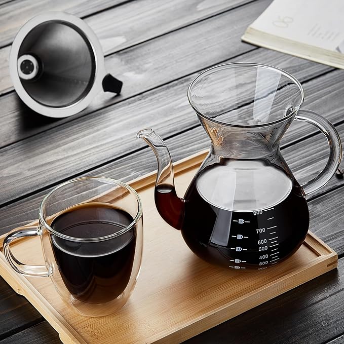 Unbreakable - Pour Over Coffee Maker with Double Stainless Filter 27 fl oz, Thickened Heat-Resistant Borosilicate Glass Pour Over Coffee Dripper, Stovetop Safe