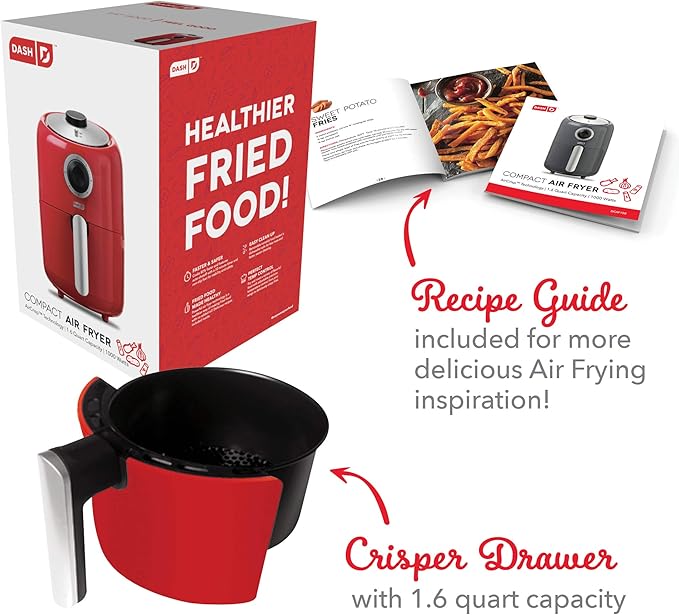 Dash Compact Air Fryer - Healthy Cooking with Auto Shut-Off Feature, Adjustable Temperature Control & Nonstick Fry Basket - Has AirCrisp® Technology - 2 Quart - Red