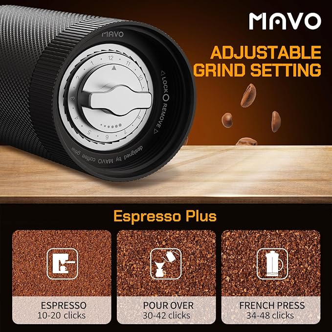 MAVO Manual Coffee Grinder, Wizard Hand Coffee Grinder, Capacity 25g with CNC Stainless Steel Hexagonal Conical Burr, Adjustable Setting, Burr Coffee Bean Grinder for French Press, Pour Over, Silver