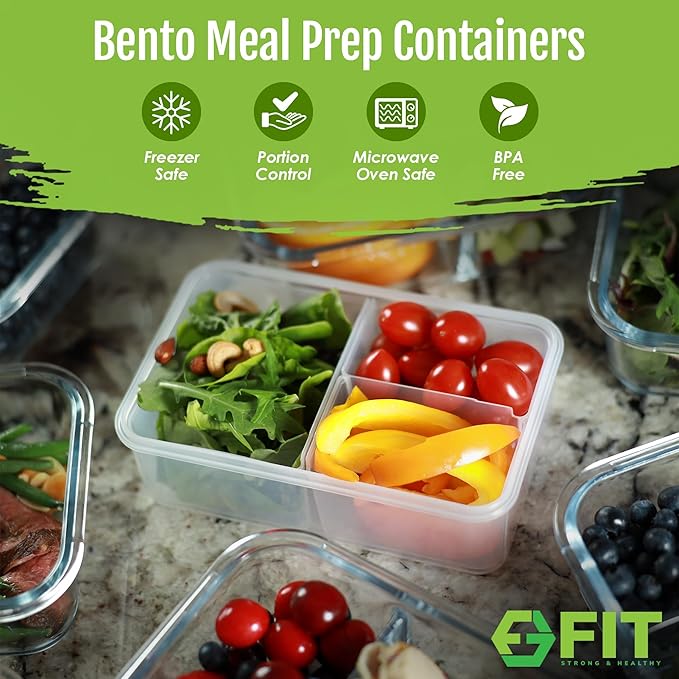 Bento Box for Kids and Adults - Reusable Lunch Box Meal Prep Containers - 3 Compartment Snack Box Container with Airtight Lid - Dishwasher, Freezer, Microwave Safe Food Snack Storage (39 oz, 2 Pack)