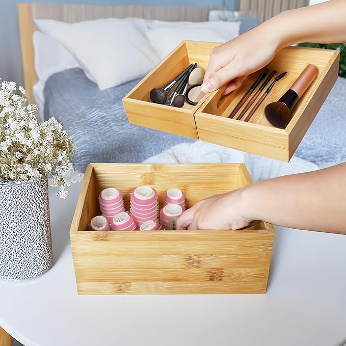 HOMESTEAD 3-Piece Stackable Bamboo Storage Box, Office Desk Organizer, Wooden Boxes for Makeup Drawer Organizer Bathroom, Office Supplies, Kitchen Utensils, Bamboo Storage Containers, Jewelry Tray