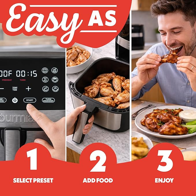 Gourmia 8 Qt Digital Air Fryer GAF826 – XL Capacity with 12 One-Touch Presets, Nonstick Dishwasher Safe Basket, Oil-Free Cooking, ETL-Certified, Sleek Black Finish