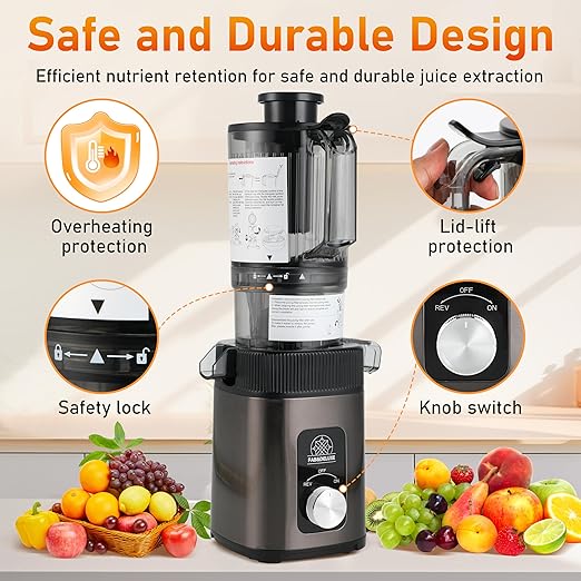 Cold Press Juicer - Juicer Machines with 4.3" Wide Feed Chute, 34oz Slow Masticating Juicer for Fruits and Vegetables, 99% High Juice Yield, Reverse Function, Dishwasher Safe