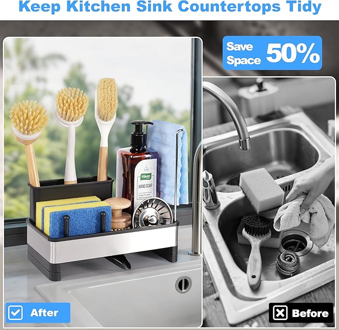 Kitchen Sink Caddy Organizer, Stainless Steel Sponge Holder, Kitchen Caddy Sink Organizer with Dish Brush Holder and Dishcloth Rack, Rustproof Dish Sponge Drying Rack for Countertop Storage