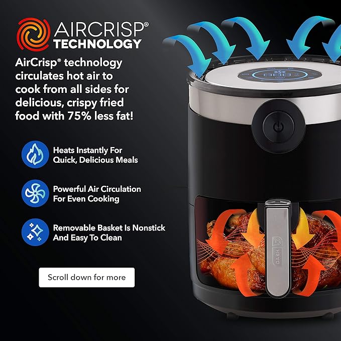 Dash AirCrisp® Pro Digital Air Fryer - Adjustable Temperature Control - Auto Shut-Off Feature & Multiple Presets - Removable Crisper Basket - 3 Quarts - Red