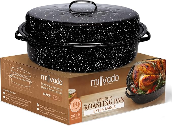 Millvado Roasting Pan With Lid, Thanksgiving Turkey Roaster Pan, Extra Large 20 lb Capacity, 19" Granite Oven Roaster Oval Shaped Speckled Enamel on Steel Cookware,for Roasting Turkey, Chicken, Lamb