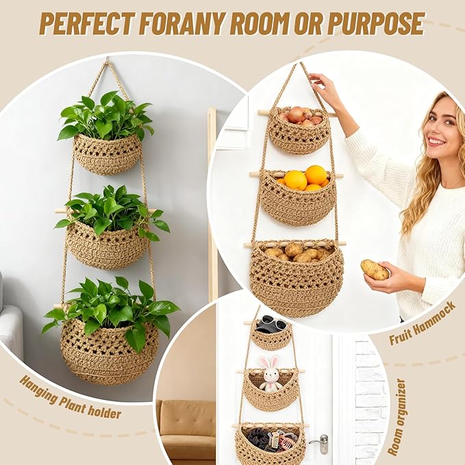 Hanging Fruit Basket, 3 Tier Cotton Woven Wall Basket, Detachable Wall Hanging Baskets for Kitchen Bathroom Storage, Plants Holder, Vegetable Onion Organizing, Boho Decor Aesthetic