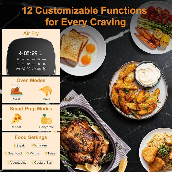 Fullwill Air Fryer with Viewing Window 6QT,12 Cooking Presets,AirFry,Roast,Bake,Reheat,Dehydrate, 1700W Fast Even Heating, Max 400°F, Nonstick Basket Dishwasher Safe,for Families and Party