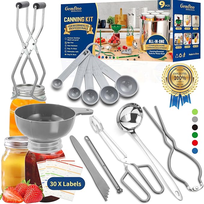 Canning Supplies Starter Kit,Canning Kit for Beginners of 9 with Jar Lifter，Wide Mouth Funnel,Wrench,Tongs,Lid Lifter,Bubble Popper,Canning Labels,ladle,Measuring Spoon-Gray