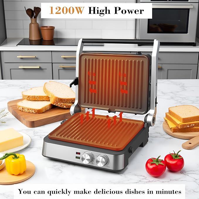 Panini Press,4 Slices Contact Grill with Removable Non-Stick Coated Grill and Flat Plates,Panini Makers with Temperature Control and Timer,Open 180 Degrees,Grill and Griddle (Half black with sus)