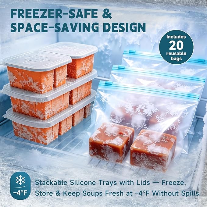 4 Pack Silicone Freezer Trays with Lid - Multi-Size 1-Cup & 2-Cup Portions, Food-Grade Silicone Freezer Molds for Soup & Meal Prep - Large Freezer Storage Containers, Oven & Dishwasher Safe - Orange