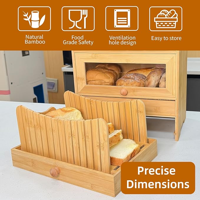 Bamboo Bread Box for Kitchen Countertop & Dining Room,Wooden Storage with Display Compartment & Built-in Bread Slicer,Eco-Friendly Organizer for Homemakers, Bakers & Bread Lovers ﻿