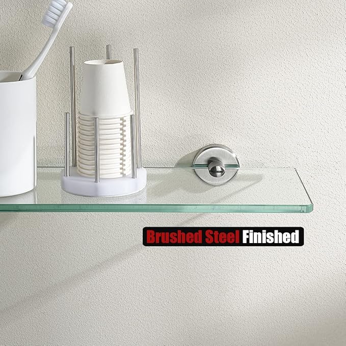 JQK Bathroom Glass Shelf, Tempered Glass Shower Storage 20 by 5 inches, 304 Stainless Steel Brushed Finish Wall Mount, TGS101L20-BN