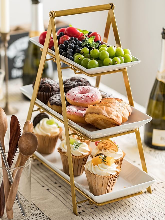 YHOSSEUN 3 Tier Serving Tray, Porcelain Tiered Tray Stand, 10+12+14 Inch Serving Platters and Trays with Collapsible Sturdier Rack, 3 Tiered Serving Stand Dessert Stands Treat Table Display Set, Gold