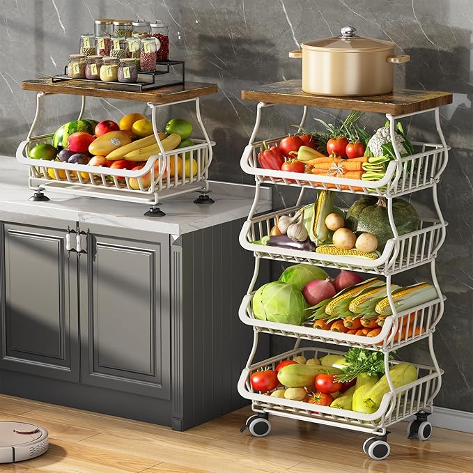 SAYZH Fruit Basket Kitchen Pantry Organizers and Storage - Wooden Top Table, Stackable Metal Wire Basket Stand Cart for Fruit Vegetable Snacks Onion Potato Organization (White, 5 Tiers)