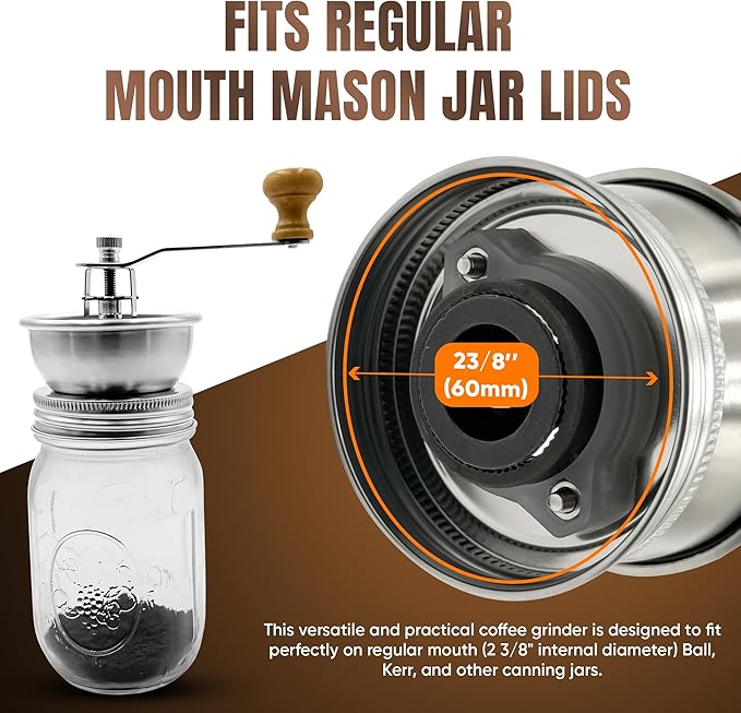Stainless Steel Coffee Grinder Lid Attachment for Regular Mouth Mason Jars - Manual Crank Burr Grinder for Fresh Coffee, Ideal for Camping, Home Barista, Rust Proof Ceramic Mechanism