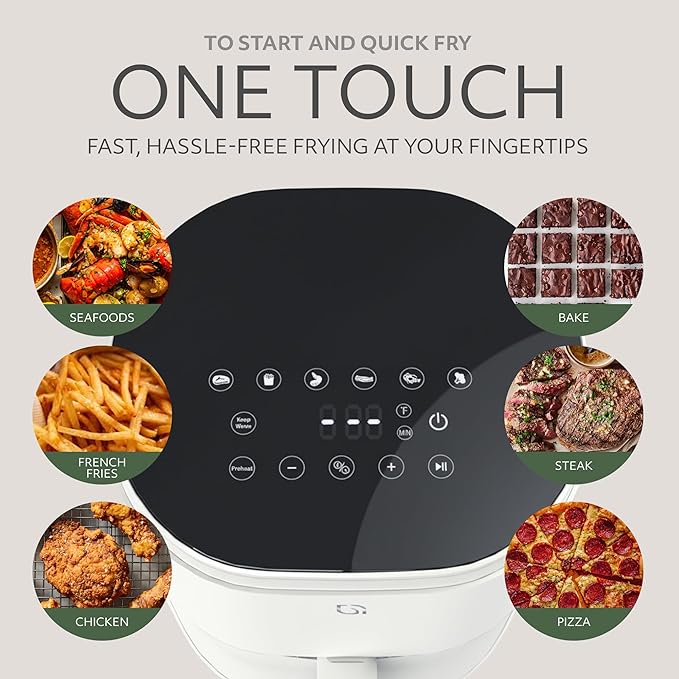 WILLOW Eco Series 6 in 1 Air Fryer with Glass Basket, 5 Quart Non Toxic Air Fryer w Digital Display, 430°F Max Temp, Preheat & Keep Warm Function, Compact + Dishwasher Safe Glass Airfryer - WHITE