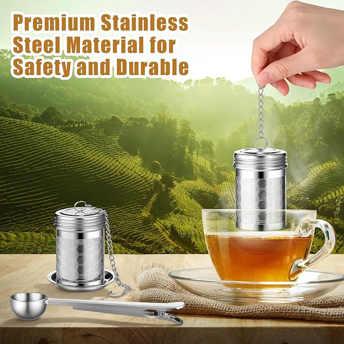 Umigy 4 Pcs Tea Infuser Strainers for Loose Tea with Scoop, Extra Fine Mesh Steeper 304 Stainless Steel Diffuser Leaf Holder with Extended Chain Hook for Brew, Spices, Seasoning, Silver