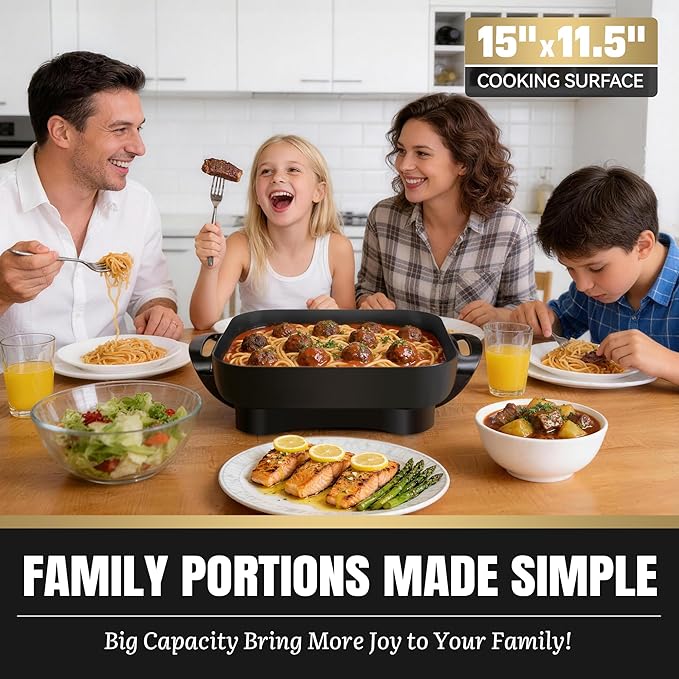 FineMade Family Size Electric Skillet with Lid, XL Electric Skillet, Deep Skillet, Temperature Control, Square 15 x 11.5 Inch Ceramic Nonstick Interior, Graphite