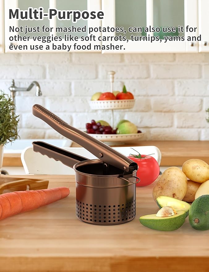 Livilord Large 15oz Potato Ricer, Heavy Duty Stainless Steel Ricer for Mashed Potatoes, Sweet Potato Masher Kitchen Tool with Ergonomic Handle, Press and Mash Kitchen Gadget, Bronze Color