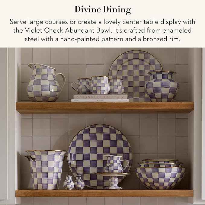 MACKENZIE-CHILDS Enamel Abundant Bowl, Decorative or Serving Bowl, 13-Cup Capacity, Purple-and-White Violet Check