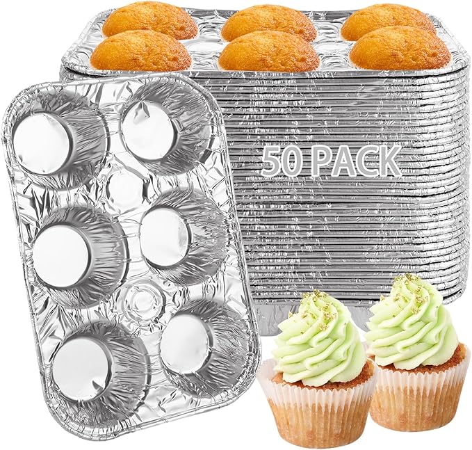 50 Pack 6-Cup Aluminum Muffin Pans, Disposable Muffin Tins for Baking, Standard Size Cupcake Pans for Baking Cupcakes, Muffins and Mini Quiches - 10 x 6.6 x 1.5 inch
