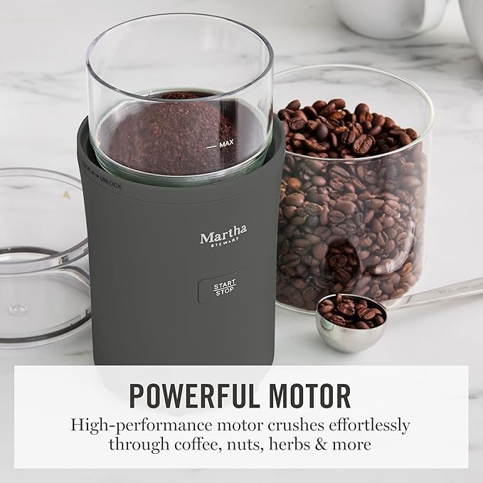 Martha Stewart Electric Coffee & Spice Grinder, Dual 2.5oz Removable Bowls, Storage Lids, Stainless Steel Blades, One Touch Pulse Control, 2-in-1 Compact, Beans & Spices, Herbs & Nuts, Caviar Gray