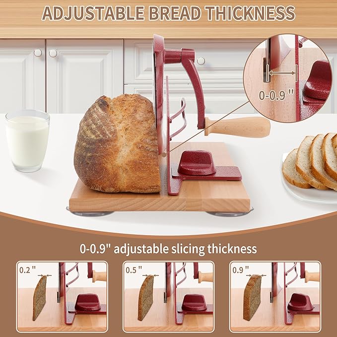 CAWIU Manual Bread Slicer with Hand Crank- Adjustable Thickness Bread Cutter for Even Slices, Perfect for Homemade Sourdough, Sandwich, and More, Red