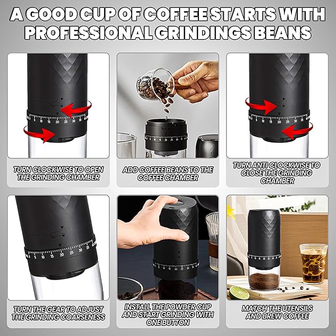 Portable Electric Coffee Bean Grinder with 40 Adjustable Settings, Small Espresso Grinder Rechargeable Burr Coffee Grinder with Multiple Grinding Settings for Travel, Camping, Home & Office.