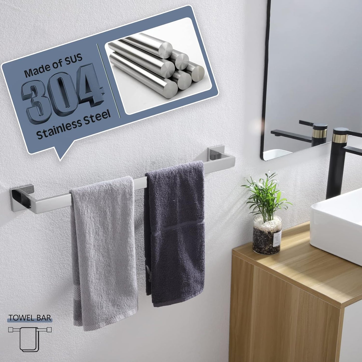 KOKOSIRI 20-Inch Single Towel Bar, Bathroom Kitchen Towel Holder, Wall Mounted SUS304 Stainless Steel Towel Rack, Polished Chrome, B4003CH-L20