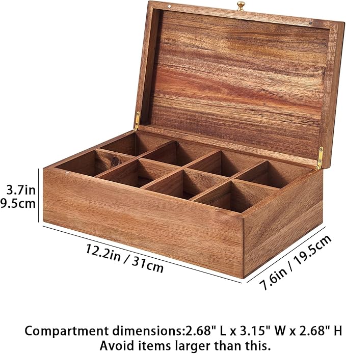SARUFO Acacia Wood Tea Bag Organizers, Tea Packet Storage Boxes, 8-Compartment Tea Caddy for Tea Bags Chest, Teabag Holder Containers, Teabox Station Display