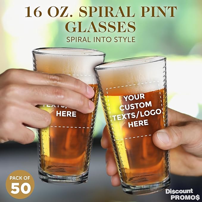Custom Spiral Pint Glass 16 oz. Set of 50, Personalized Bulk Pack - Beer Glasses, Heavy Duty Drinkware - Clear