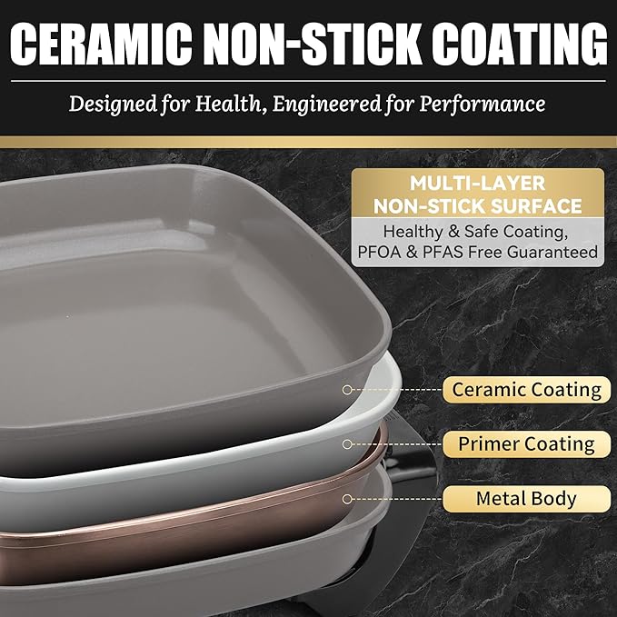 FineMade 12-inch Family Size Electric Skillet with Lid, Ceramic Skillet Electric, Square Skillet, Non Stick Electric Skillet Griddle Pan, PFAS-Free Temperature Control, 1500W, 6 QT, Gray