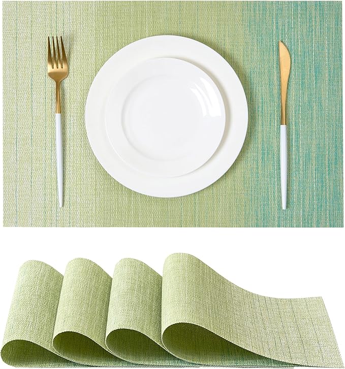 Leetaltree Gradient Green Woven Placemats Set of 4 - Heat Resistant Non-Slip Place mats for Dining Table, Washable Durable PVC Vinyl Woven Table Mats(Gradient Green, 4)