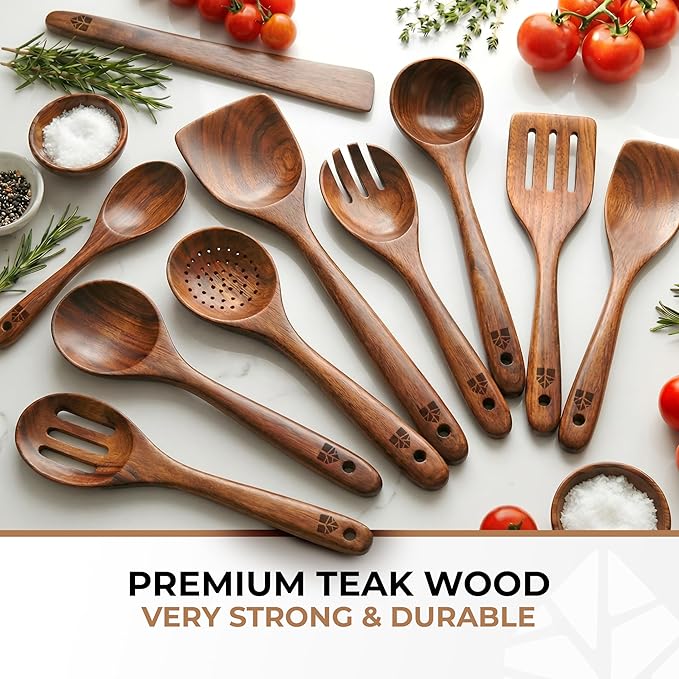 Wooden Spoons for Cooking – 10 Pcs Premium Teak Wooden Utensil Set with Hooks - Durable, Nonstick Safe, Easy to Clean & Heat Resistant with Ergonomic Handles