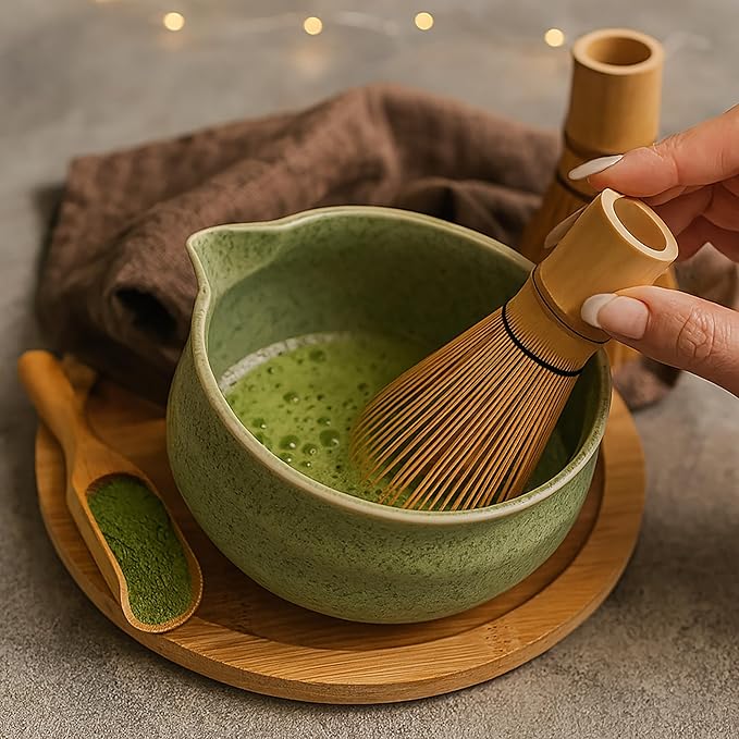 8-Piece Matcha Whisk Set – Ceramic Bowl & Bamboo Tools, Complete Japanese Matcha Tea Ceremony Kit, Green Speckled Chawan with Spout, Matcha Starter Set for Home Rituals & Gifts
