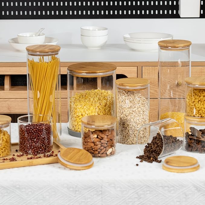 D2scrma 70oz Straight cylindrical Airtight Storage Jars with Bamboo Lid Set of 3 Storage Container Glass Jars, Kitchen Canister for Noodles, Pasta and Coffee beans (‎with Black Lable)