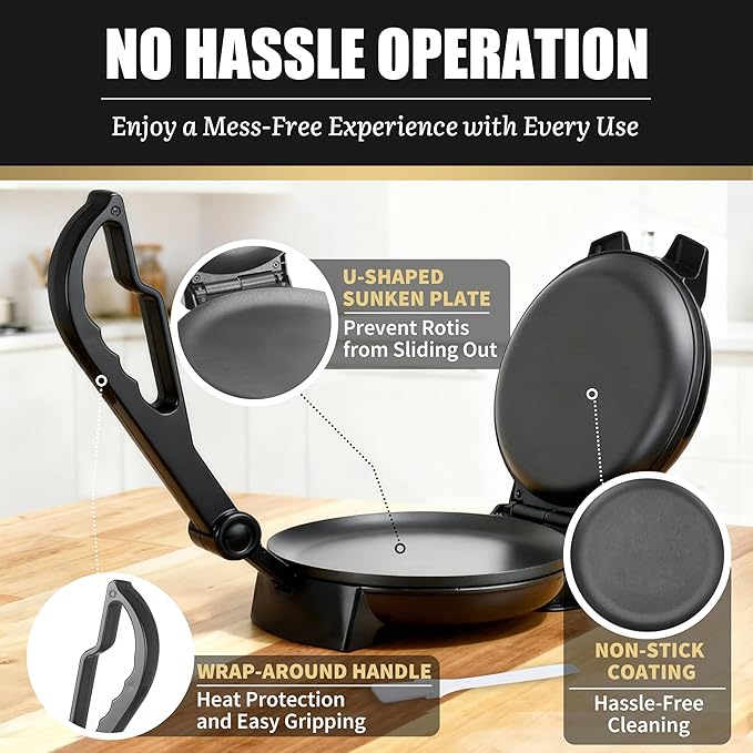 FineMade Compact Roti Maker, 8'' Electric Tortilla Maker Machine, Maquina Para Hacer Tortillas, Crepe Maker,Electric Tortilla Press, Prensa Para Tortillas, Recipe Included, Black