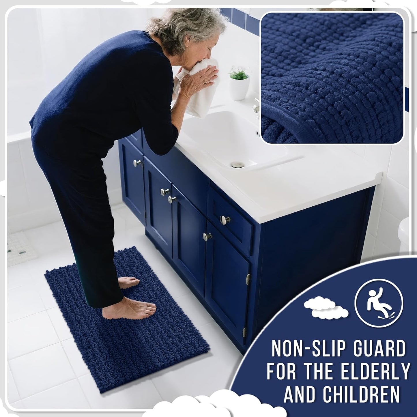 Yimobra Bathroom Runner Rug 55x24 Inch - Extra Long Non Slip Chenille Bath Mat, Soft & Absorbent, Machine Washable Shaggy Hallway Carpet for Vanity Tub Shower, Navy Blue Home Decor Accessories