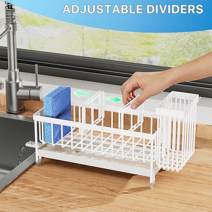 Cisily Sponge Holder for Kitchen Sink, Sink Caddy Organizer with High Brush Holder, Kitchen Countertop Organizers and Storage Essentials, Rustproof 304 Stainless Steel (White, 9.25″)