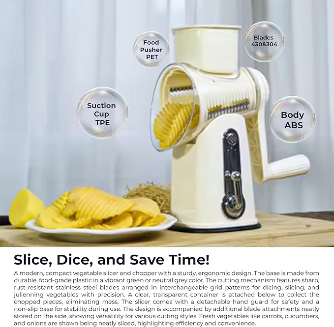 Chef Power Premium Quality 5 in 1 Cheese Grater Hand Crank - Stainless Steel Rotary Cheese Grater for Effortless Grating - Durable and Ergonomic Design for Professional and Home Use (Beige)
