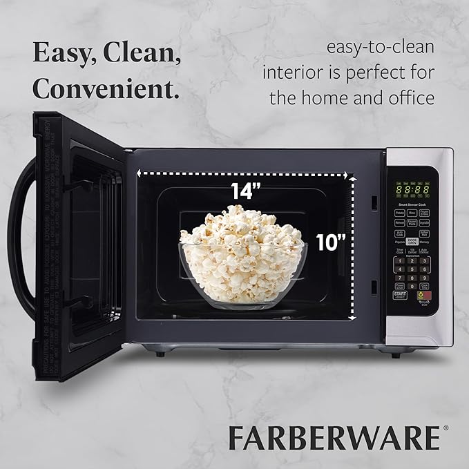 Farberware 1.2 Cu. Ft. Countertop Microwave Oven – 1000 Watts Power, Smart Sensor Auto Cook Settings, Defrost, Easy Clean and Child Safety Lock - Stainless