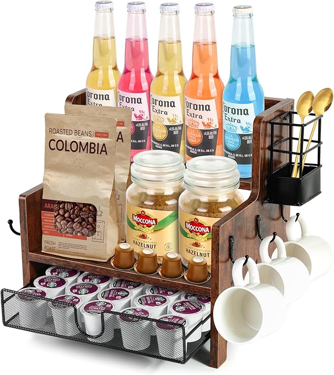 3-Tier Coffee Station Organizer for Countertop, Wood Coffee Bar Organizer with Drawer, Rustic Coffee and Tea Condiment Organizer, K-Cups Coffee Corner Organizer with 6 Hooks for Coffee Bar Accessories