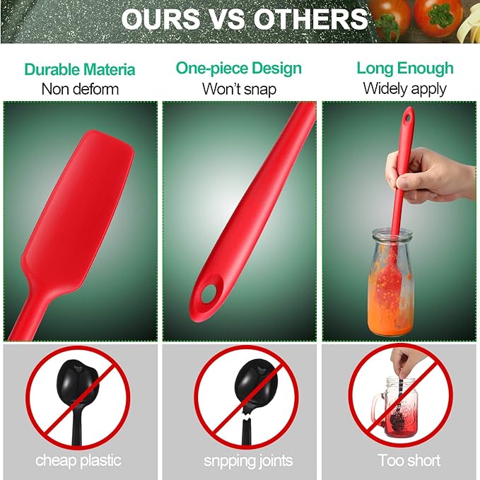 2 Pieces Long Handle Silicone Jar Spatula Kitchen Scraper Spatula Non-Stick Rubber Silicone Scraper for Jars, Smoothies, Blenders Cooking Baking Stirring Mixing (Red)
