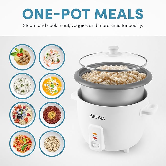 AROMA® Rice Cooker, 8-Cup (Uncooked) / 16-Cup (Cooked), Pot-Style Rice Cooker and Soup Warmer with One-Touch Control, 4 Qt, White, ARC-368NG