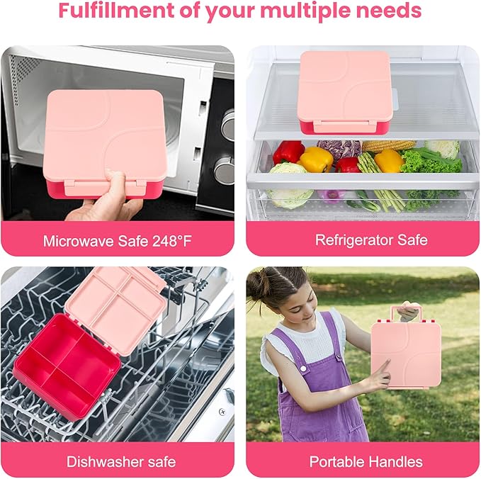 Bento Lunch Box for Kids with 8oz Soup Thermo,Kids Leakproof Lunch Food Containers with 4 Compartment,Kid Insulated Thermo Hot Food Jar for School,Trvael-Pink