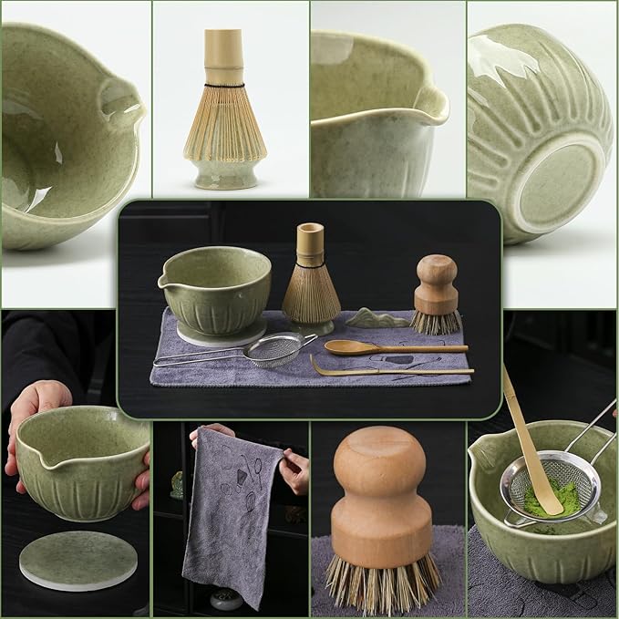 TANG PIN 10Pcs Matcha Whisk Set, 15 OZ Matcha Bowl, Matcha Whisk and Stand, Scoop, Sifter, Spoon, Coaster, Cleaning Brush and Tea Towel, Perfect Matcha Kit for Tea Ceremony