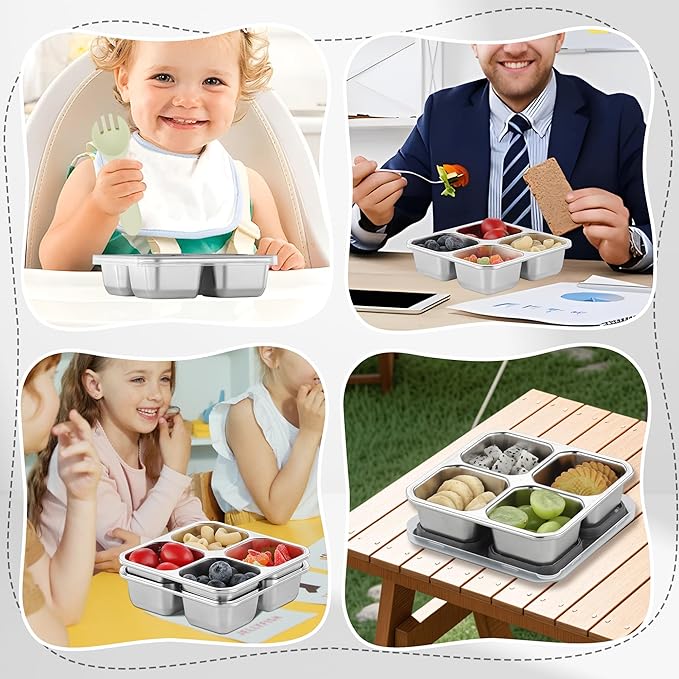 4 Pack Stainless Steel Snack Containers with Lids 4 Compartment Lunch Box for Adults & Kids Meal Prep Bento Box Containers Reusable